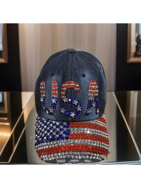 USA American Flag Spark Faux Diamond Sequined July 4th Faded Denim Baseball Cap
